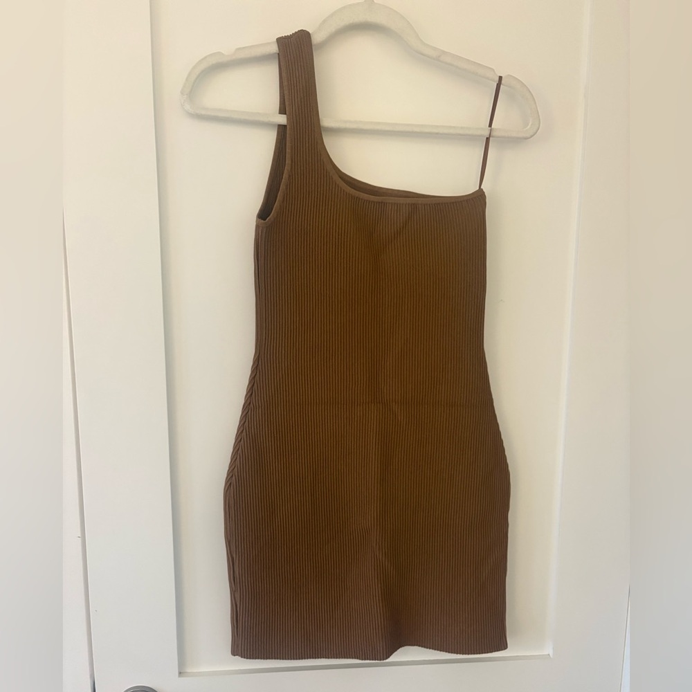 Babaton | Aritzia Sculpt Knit One-shoulder mini bodycon Dress gold brown XS - Picture 7 of 12